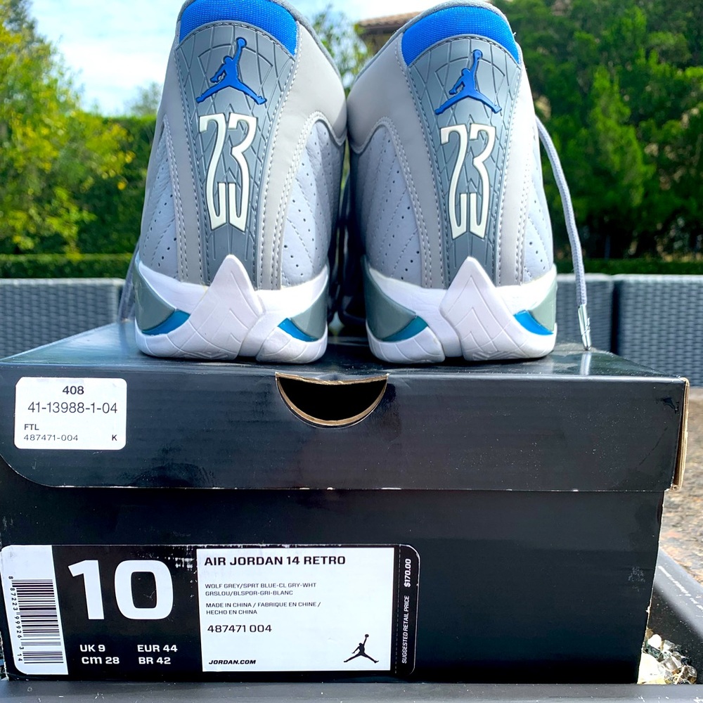 DS Jordan 14 Wolf Grey/Sport Blue Size 10